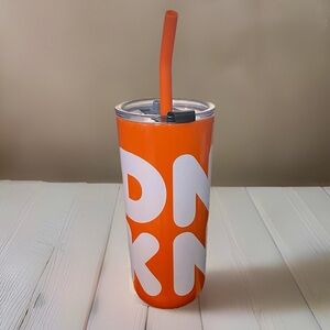 New DUNKIN - STAINLESS STEEL CUP 22 OZ.  TUMBLER•2 in 1 Sipper- OrangeWhite 2021